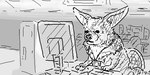 chair computer computer_mouse electronics feral furniture male monitor office on_chair realistic solo working unknown_artist 2channel nan-j nintendo pokemon punipuni-board eevee_wai eevee generation_1_pokemon pokemon_(species) 2:1 digital_media_(artwork) greyscale low_res monochrome oekaki