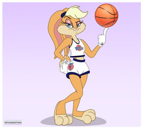anthro ball basketball_(ball) bottomwear clothing female looking_at_viewer pants short shorts smile solo standing uniform jcthornton looney_tunes space_jam warner_brothers lola_bunny lagomorph leporid mammal rabbit hi_res