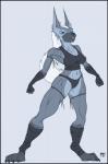 angry anthro athletic bikini bite black_border blue_eyes border breasts clothed clothing female hair muscular muscular_anthro piercing pose shirt skimpy solo swimwear tank_top topwear two-piece_swimsuit white_hair krinkels cyera canid canine canis fox hybrid mammal wolf absurd_res hi_res monochrome