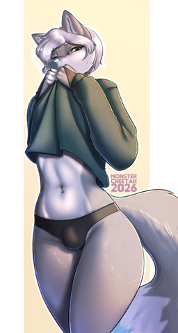 anthro biped bulge clothed clothed_anthro clothed_male clothing countershade_torso countershading femboy fingers front_view fur hair looking_at_viewer male navel simple_background solo standing tail monstercheetah canid canine mammal 2026 digital_drawing_(artwork) digital_media_(artwork) hi_res