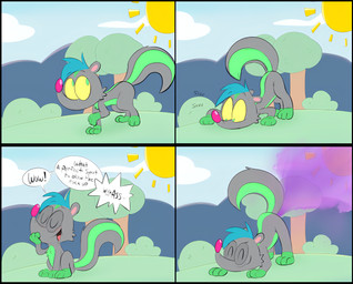 dialogue fart feral male nature skunk_spray solo speech_bubble text avoid_posting kippykat vexxy_roo_(kippykat) mammal mephitid skunk absurd_res comic english_text hi_res