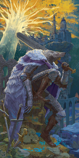 5_fingers armor boots cape castle cloak clothing couter cuisse detailed_background erdtree facial_scar fangs fingers footwear fur fur_cape fur_clothing gauntlets gloves grey_body grey_fur handwear holding_object holding_weapon male melee_weapon pauldron poleyn pose scar shoes sitting solo sword sword_in_ground sword_on_shoulder teeth vambrace weapon neungsonie elden_ring fromsoftware blaidd_(elden_ring) canid canine canis mammal wolf 1:2 absurd_res hi_res portrait