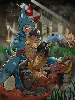 anal anal_penetration animal_skin anthro anthro_on_anthro anthro_penetrated anthro_penetrating anthro_penetrating_anthro arm_tuft balls beak being_watched big_balls big_penis blonde_hair blush bodily_fluids bodypaint bone bone_necklace chest_tuft cowgirl_position crotch_tuft dripping erection forest forest_background from_front_position genital_fluids genitals grass group hair half-closed_eyes hand_print heart_eyes heart_symbol horn huge_penis humanoid_genitalia humanoid_penis humanoid_pointy_ears hyper hyper_genitalia hyper_penis jewelry larger_penetrated larger_sub looking_at_another looking_pleasured male male/male male_penetrated male_penetrating male_penetrating_male markings narrowed_eyes nature nature_background necklace notched_ear on_bottom on_top penetration penile penile_penetration penis penis_in_ass plant pointy_ears precum precum_drip precum_string pubes red_body red_skin seductive sex shoulder_tuft size_difference smaller_male submissive tongue tongue_out tree tribal tribal_clothing tribal_jewelry tribal_markings tribal_necklace tribal_paint tuft vein veiny_penis voyeur mrt0ony breath_of_the_wild nintendo the_legend_of_zelda kass_(tloz) link avian bird blin_(tloz) bokoblin humanoid hylian mammal rito suine 3:4 absurd_res hi_res signature