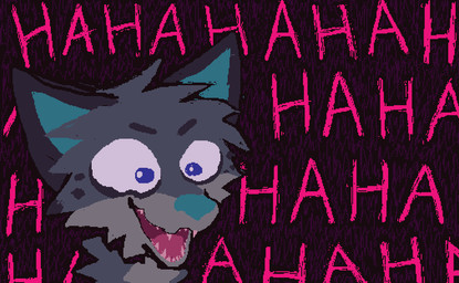 ambiguous_form anthro blue_inner_ear blue_nose evil_laugh fur grey_body grey_fur laugh male open_mouth open_smile smile solo text demensa canid canine canis coyote domestic_dog mammal 2025 english_text headshot_portrait hi_res portrait
