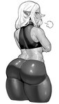 alternative_fashion big_butt bodily_fluids butt butt_pose clothed clothing dark_body dark_skin female gyaru hair humanoid_pointy_ears j-fashion looking_back markings mole_(marking) not_furry pose rear_view simple_background slightly_chubby solo standing sweat tight_clothing white_background white_hair wide_hips synecdoche plus-sized_elf kuroeda_(plus-sized_elf) dark_elf elf humanoid hi_res monochrome