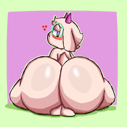 anthro balls big_butt black_eyebrows black_eyes blush border butt eyebrows eyewear eyewear_only genitals glasses glasses_only green_border green_eyewear green_glasses hair heart_symbol horn huge_butt looking_at_butt looking_at_own_butt looking_back looking_back_at_self male nude pink_background pink_horn rear_view scut_tail short_tail simple_background sitting solo tail wearing_glasses white_body white_ears white_hair white_tail young young_anthro young_male yoshuacomoyoshu deltarune undertale_(series) ralsei bovid caprine darkner goat mammal 1:1 2023 cel_shading colored digital_media_(artwork) hi_res shaded