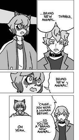 anthro awkward bodily_fluids clothed clothing coat collar cute_fangs dialogue duo facial_markings fangs female hair head_markings humor jacket male markings mask_(marking) nervous open_mouth pun shirt shocked simple_background speech_bubble sweat sweatdrop talking_to_another teeth text thanking topwear white_background wide_eyed wrinkles xemnasfangirl49 brand_new_animal chainsaw_man studio_trigger thank_you_chainsaw_man michiru_kagemori shirou_ogami canid canine human mammal raccoon_dog tanuki 2026 comic copyright_name digital_drawing_(artwork) digital_media_(artwork) english_text greyscale meme monochrome redraw