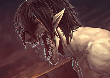 bodily_fluids brown_hair cloud cloudy_sky exposed_teeth hair humanoid_pointy_ears male pale_skin pointy_ears roaring saliva saliva_string sky solo moni158 attack_on_titan eren_jaeger humanoid monster titan_(attack_on_titan) 2014