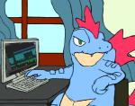 2014 4chan ambiguous_gender annoyed anthro bludragoon blue_body blue_skin chair claws computer crocodilian curtains desk digital_media_(artwork) electronics fangs feraligatr furniture generation_2_pokemon green_eyes i_can't_fap_to_this keyboard logic_pro_x lol_comments meme monitor nintendo pokemon pokemon_(species) red_body red_skin reptile scalie sitting solo table teeth third-party_edit window ಠ_ಠ