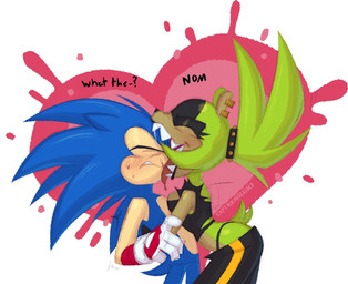 anthro blue_hair blush bodily_fluids bottomwear breasts cleavage clothed clothing dialogue duo ear_piercing eyes_closed face_in_mouth face_lick female gloves green_hair hair handwear heart_symbol licking male male/female midriff pants piercing ponytail saliva sound_effects sweat tail text thong_straps tongue tongue_out captain_molasses idw_publishing sega sonic_the_hedgehog_(comics) sonic_the_hedgehog_(idw) sonic_the_hedgehog_(series) sonic_the_hedgehog surge_the_tenrec afrosoricid eulipotyphlan hedgehog mammal tenrec english_description english_text signature