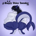 anthro big_butt blue_body butt clothed clothing dark_hair ear_piercing fin grin hair hoodie long_hair male muscular muscular_anthro muscular_male piercing pose shark_tail sharp_teeth simple_background smile solo teeth text topwear bublijoestar fan_character nico_(bublijoestar) fish great_white_shark mackerel_shark marine shark white_shark digital_media_(artwork) english_text hi_res meme