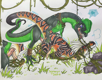 anal anal_penetration animal_genitalia bdsm bondage bound cloaca cloacal_rectum duo feathers feral from_behind_position genitals humping male male/male mounting nature nature_background penetration penis sex vine_bondage dyloteryx talon_(primal_rage) dilophosaurid dilophosaurus dinosaur dromaeosaurid feathered_dinosaur feathered_scalie prehistoric_species reptile saurischian scalie theropod absurd_res hi_res marker_(artwork) traditional_media_(artwork)
