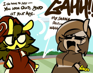 age_difference anthro back_cracking back_pain barefoot black_eyes brown_body brown_hair brown_skin clothing dialogue duo feet female greying_hair hair jumpsuit onomatopoeia outside racetrack racing_uniform screaming shell_hat sound_effects speech_bubble tan_body tan_skin text white_eyes yellow_body yellow_skin thefablednekos spiral_stream_derby cocoa-bon miss_mallow gastropod mollusk snail