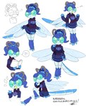 3_fingers 3_toes 4_arms 4_wings accessory anthro arthropod_abdomen bangs blue_body blue_hair blue_skin book bottomwear clothing eyelashes feet female fingers freckled_face freckles green_eyes hair hair_accessory insect_wings leg_warmers legwear looking_at_viewer miniskirt multi_arm multi_limb multi_wing multiple_poses ponytail pose reading reading_book sitting skirt solo sweater toes topwear wings tiger_subaru astronautical demi_dixon_(blargen69) arthropod dragonfly insect hi_res model_sheet signature