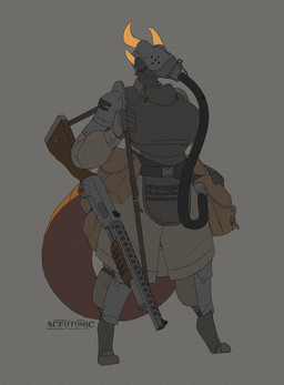 anthro armor bag big_breasts biped breasts female female_anthro gas_mask grey_background gun horn huge_breasts mask non-mammal_breasts pump_action ranged_weapon rifle satchel simple_background solo standing tail thick_thighs weapon wide_hips ace0t0nic mythology dragon mythological_creature mythological_scalie scalie absurd_res hi_res