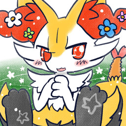 accessory ambiguous_anthro ambiguous_gender anthro biped blush digitigrade flower flower_in_hair food front_view hair hair_accessory hands_together holding_object holding_stick looking_at_viewer open_:3 open_mouth open_smile plant shrimp_(food) sitting smile snout solo star_polygon stick textured annyui0611 nintendo pokemon braixen canid generation_6_pokemon mammal pokemon_(species) 1:1 2023 digital_drawing_(artwork) digital_media_(artwork) hi_res japanese_description translated_description