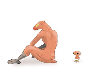 ambiguous_gender anthro avian_feet beak duo feral larger_anthro plucked plucked_feathers plucktober pokemorph red_beak shadow simple_background sitting size_difference smaller_feral where_is_your_god_now white_background why yellow_beak yellow_sclera j_stocky nintendo pokemon avian blaziken generation_3_pokemon pokemon_(species) torchic 2025 hi_res