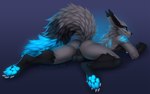 anthro anus backsack balls black_body black_fur black_sclera blue_anus blue_body blue_eyes blue_pawpads blue_skin blue_tail_tip butt butteredshep canid canine claws demon dipstick_tail fluffy fluffy_tail fox fur genitals glowing glowing_eyes glowing_markings glowing_pawpads glowing_tail grey_body grey_fur hi_res kyulix lying male mammal markings on_front pawpads presenting presenting_hindquarters solo tail tail_markings