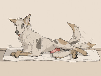 4_toes anatomically_correct anatomically_correct_genitalia anatomically_correct_penis animal_genitalia animal_penis balls blep bodily_fluids canine_genitalia canine_penis claws crossed_legs digitigrade erection feet feral finger_claws fur fur_markings genital_fluids genitals inside knot knotted_penis leaking_precum looking_at_viewer lying male mane markings mattress naughty_face on_side penis precum precum_string presenting presenting_penis side_view smile solo spots tail tail_motion tailwag tan_body tan_fur toe_claws toes tongue tongue_out tuft hotdogmeat canid canine canis domestic_dog mammal 2025 cel_shading digital_media_(artwork) hi_res shaded