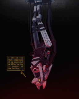 ambiguous_gender anthro bdsm bondage bound dialogue machine pseudo_hair solo speech_bubble text upside_down white_body white_pseudo_hair wire salamanding portal_(series) valve valve_corporation gladog_(salamanding) glados canid canine canis domestic_dog mammal robot robot_dog 2025 4:5 artist_name digital_drawing_(artwork) digital_media_(artwork) english_description english_text hi_res watermark