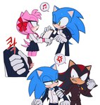 anthro black_body black_fur blue_body blue_fur blush bodily_fluids clothing female fur gloves green_eyes group handwear male pink_body pink_fur red_eyes simple_background sweat tail tail_motion tailwag trio white_background hhhh_0103 sega sonic_the_hedgehog_(series) amy_rose shadow_the_hedgehog sonic_the_hedgehog eulipotyphlan hedgehog mammal hi_res