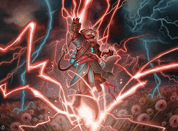 alternate_species anthro barefoot brown_body brown_fur claws clothing cloud dandelion electricity feet field flower fur levitation lightning looking_at_viewer magic male plant robe solo tail chris_seaman hasbro magic:_the_gathering wizards_of_the_coast ral_zarek mammal mustelid otter 2024 official_art