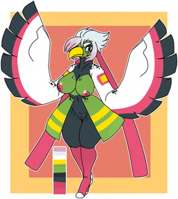 accessory anthro anthrofied beak big_breasts breasts color_swatch female genitals hair hair_accessory hair_ribbon nipples non-mammal_breasts nude pokemorph ribbons simple_background smile solo standing vulva white_hair wings demonnyuu nintendo pokemon avian bird generation_2_pokemon pokemon_(species) xatu 2017 digital_media_(artwork) hi_res