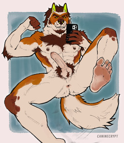 abs anthro anus arm_tuft armpit_hair balls barefoot beard biceps big_muscles black_sclera body_hair brown_body brown_hair butt butt_focus cheek_tuft chest_hair chest_tuft claws ear_tuft elbow_tuft electronics erection eyebrow_slit eyebrows facial_hair facial_tuft feet finger_claws fingers flexing flexing_bicep foot_focus front_view fur genitals green_eyes hair humanoid_genitalia humanoid_penis male markings multicolored_body muscular muscular_anthro muscular_male neck_tuft nipples nude pecs penis phone presenting presenting_hindquarters pubes selfie simple_background smile soles solo tail tail_motion tailwag teeth thick_thighs toe_claws toes tuft white_body white_fur yellow_eyes caninecrypt canid canine canis mammal wolf digital_media_(artwork) hi_res