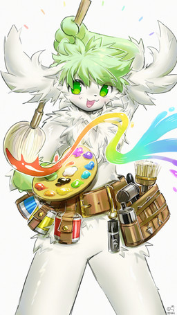 :d anthro belt brush chest_tuft featureless_crotch fluffy front_view fur green_hair hair male mostly_nude open_mouth open_smile paint paintbrush pouch_(clothing) short_hair smile solo tuft white_body white_fur maimoonrabbit nintendo pokemon sky_(chaotic_iak) generation_4_pokemon legendary_pokemon pokemon_(species) shaymin sky_forme_shaymin 2025 9:16 hi_res portrait three-quarter_portrait
