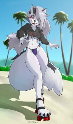 anthro bikini bikini_bottom black_bikini_bottom black_nose breasts cheek_tuft claws clothing colored_nails ear_piercing ear_ring eyebrow_piercing eyebrows eyelashes eyeliner facial_piercing facial_tuft female footwear fur grey_body grey_fur grey_hair hair hair_over_eye hoodie humanoid_hands inner_ear_fluff looking_at_viewer makeup nails navel notched_ear open_mouth piercing ponytail print_clothing print_topwear quad_skates red_eyes red_sclera ring_piercing roller_skates sharp_teeth side-tie_bikini smile solo string_bikini sunny swimwear tail teeth toe_claws topwear tuft two-piece_swimsuit under_boob white_body white_fur half_dime hellaverse helluva_boss mythology loona_(helluva_boss) canid canid_demon canine canis demon hellhound mammal mythological_canine mythological_creature absurd_res hi_res
