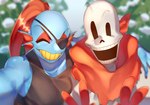 blue_body blue_skin bone clothed clothing duo eye_patch eyewear female fin grin hair male ponytail red_scarf scarf sharp_teeth shirt skeleton smile tank_top teeth topwear pugthe2ro undertale undertale_(series) papyrus_(undertale) undyne animal_humanoid fish fish_humanoid humanoid marine marine_humanoid