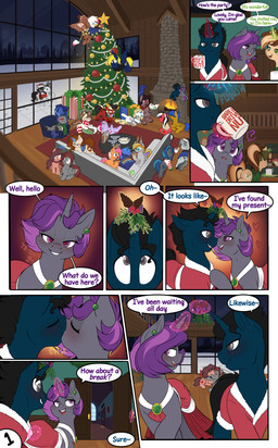 armwear beak bedroom_eyes blush box butt chair christmas_clothing christmas_tree clothing container costume cup cutie_mark dialogue drinking ear_piercing elbow_gloves eye_contact feathered_wings feathers female feral fire fireplace french_kissing fur furniture gift gift_box gloves group hair handwear holidays horn inside kissing looking_at_another male male/female mistletoe mug narrowed_eyes party piercing plant romantic romantic_ambiance santa_costume seductive smile sofa speech_bubble tail telekinesis text tree wings hotcocopon christmas hasbro my_little_pony mythology slashing_prices avian earth_pony equid equine gryphon horse mammal mythological_avian mythological_creature mythological_equine pony unicorn absurd_res comic digital_media_(artwork) english_text hi_res