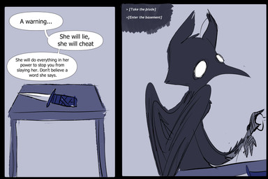 ambiguous_gender anthro biped black_body black_feathers blade ears_up feathers knife no_pupils solo text wings one_rttdklwn the_long_quiet_(slay_the_princess) avian bird absurd_res comic english_text hi_res
