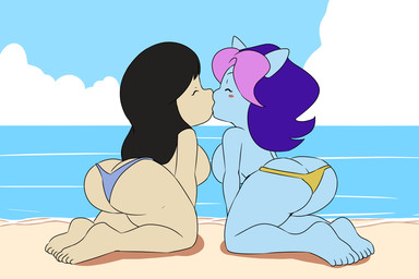 barefoot beach bikini bikini_bottom bikini_bottom_only black_hair blue_bikini_bottom blue_body blue_skin blush blush_stickers breasts butt butt_cleavage clothed clothing cloud duo eyes_closed feet female female/female female_on_human female_on_humanoid hair human_on_humanoid interspecies kissing kneeling long_hair multicolored_hair outside purple_hair sea side_boob sky swimwear thick_thighs topless topless_female topless_human topless_humanoid two-piece_swimsuit two_tone_hair water yellow_bikini_bottom orcaverde bravest_warriors cartoon_hangover beth_tezuka plum_(bravest_warriors) human humanoid mammal 2024 hi_res