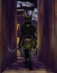 africa anthro architecture armor big_ears biped black_body black_fur black_nose city city_background claws clothed clothing detailed_background egyptian egyptian_architecture egyptian_clothing feet fur gem holding_melee_weapon holding_object holding_sword holding_weapon hood jewelry looking_at_viewer male melee_weapon night nipples paws rogue scimitar shendyt sky solo standing star starry_sky sword text toes walking warrior weapon yellow_eyes tall_lizzard_(artist) anubian_jackal canid canine canis jackal mammal 2018 absurd_res digital_drawing_(artwork) digital_media_(artwork) english_text full-length_portrait hi_res portrait