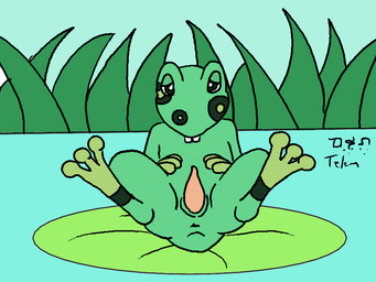 3_fingers 3_toes animal_genitalia anthro anus biped black_eyes buckteeth digitigrade erection feet fingers front_view genital_slit genitals gloves_(marking) grass green_anus green_body green_skin green_spots green_tail half-closed_eyes leg_markings legs_up looking_at_viewer lying male markings narrowed_eyes nude on_back outside penis pink_penis plant presenting presenting_penis short_tail sky socks_(marking) solo spots spotted_body spotted_skin tail tapering_penis teeth toes water telem animal_crossing nintendo frobert_(animal_crossing) amphibian frog 2016 4:3 aliasing digital_drawing_(artwork) digital_media_(artwork) full-length_portrait portrait