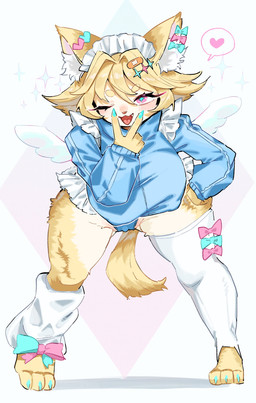 accessory anthro big_breasts blonde_hair blush breasts clothing colored_nails colored_toenails curvy_figure eyebrows feet female fur hair hair_accessory hair_ribbon huge_breasts legwear maid_headdress nails nipple_outline one_eye_closed pink_eyes ribbons solo spiky_hair tail thick_eyebrows thick_thighs thigh_highs toenails toes white_clothing white_legwear white_thigh_highs wide_hips yellow_body yellow_fur havilaladlf felid feline mammal hi_res
