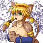 anthro breasts covering covering_breasts covering_self dudbear ear_piercing ear_ring embarrassed female jewelry piercing ring_piercing solo text fushisha_o legend_of_mana mana_(series) square_enix daena domestic_cat felid feline felis mammal rabite 1:1 japanese_text