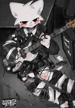 :3 ambiguous_gender amplifier anthro bass_guitar black_boots black_bottomwear black_clothing black_footwear black_jacket black_legwear black_necktie black_skirt black_stockings black_topwear blush boots bottomwear cable cheek_tuft christian_cross christian_symbol clothed clothing cross facial_tuft fishnet_clothing fishnet_legwear fishnet_stockings footwear fully_clothed fur guitar head_tuft heart_symbol high-angle_view jacket legwear looking_at_viewer musical_instrument necktie playing_guitar playing_music plucked_string_instrument religion religious_symbol shirt shoes sitting skirt solo stockings string_instrument text topwear tuft white_body white_clothing white_shirt white_topwear redfoxrice1145 christianity silly_cat_(mauzymice) domestic_cat felid feline felis mammal 2025 digital_drawing_(artwork) digital_media_(artwork) english_text hi_res shaded