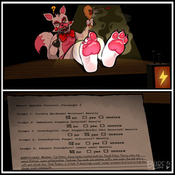 3_toes anthro bow_tie confusion dipstick_tail feet feet_up female foot_focus foot_on_table furniture hook hook_hand markings musk paddle_ball pawpads plantigrade_pawpads question_mark smell_profile smelly smelly_feet solo stink_fumes table tail tail_markings text toes blarf022 five_nights_at_freddy's scottgames sister_location funtime_foxy_(fnaf) canid canine fox mammal 2026 absurd_res english_text hi_res
