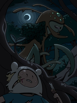 ambiguous_gender blood bodily_fluids clothed clothing detailed_background drooling duo hair male moon open_mouth plant pseudo_hair saliva sharp_teeth smile teeth toony topwear tree discount-supervillain adventure_time cartoon_network finn_the_human huntress_wizard arthropod human insect mammal mantis monster 3:4 digital_media_(artwork) hi_res