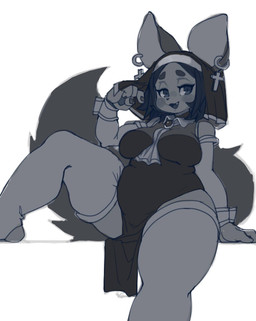4_fingers anthro blush breasts cross cross_ear_piercing cross_ear_ring cross_piercing cute_fangs ear_piercing ear_ring fangs female female_anthro fingers fluffy fluffy_tail hair kemono looking_at_viewer nun open_mouth open_smile piercing ring_piercing simple_background sitting slightly_chubby smile solo tail teeth thick_thighs white_background wide_hips foxbanchan foxbanchan_(character) canid canine fox mammal greyscale hi_res monochrome