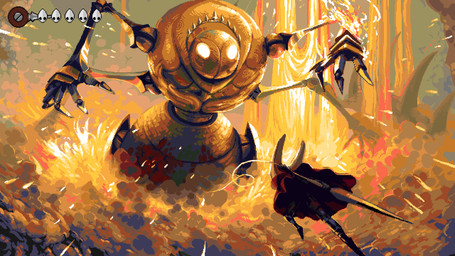 4_arms ambiguous_gender biped claws cloak clothed clothing duo empty_eyes gameplay_mechanics gui health_bar holding_melee_weapon holding_object holding_weapon lava machine melee_weapon multi_arm multi_limb red_cloak red_clothing thread weapon white_eyes hbystuff hollow_knight:_silksong hollow_knight_(franchise) team_cherry fourth_chorus hornet_(hollow_knight) arthropod robot 16:9 2025 absurd_res digital_media_(artwork) hi_res pixel_(artwork) widescreen