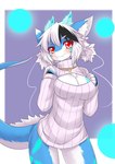 2014 anthro big_breasts blue_body blue_fur bottomless breasts chest_tuft cleavage cleavage_cutout clothed clothing collar countershading cutout daww digital_media_(artwork) dragon female fur furred_dragon furred_scalie hair ice kemono keyhole_turtleneck looking_at_viewer multicolored_hair mythological_creature mythological_scalie mythology non-mammal_breasts portrait red_eyes ribbed_clothing ribbed_sweater scalie simple_background smile solo sweater tail three-quarter_portrait topwear tuft turtleneck two_tone_hair white_body white_fur white_hair wolflong wolflong_(character)
