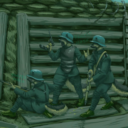 anthro armor clothed clothing faceless_character gun headgear helmet male open_mouth ranged_weapon rifle sitting standing tail trench uniform weapon panzermask canid canine canis domestic_dog german_shepherd herding_dog mammal pastoral_dog hi_res