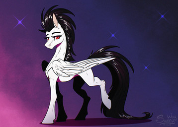 abstract_background black_hair feathers female feral grumpy hair red_eyes solo white_body wings sunny_way hasbro my_little_pony mythology sunny_way_(character) equid equine mammal mythological_creature mythological_equine pegasus hi_res