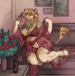 accessory alcohol anthro belly beverage bodily_fluids book bow_ribbon bra braided_hair braided_pigtails breasts clothing cloven_hooves container cup drinking_glass female flower freckled_face freckles fur furniture glass glass_container glass_cup hair hair_accessory hair_bow hair_ribbon hooves horn inner_ear_fluff lace lace_bra lingerie looking_at_viewer markings on_sofa pink_nose plant reading reading_book ribbons sitting sofa solo spots spotted_body spotted_fur spotted_markings swept_hair tail tail_tuft teal_eyes translucent translucent_clothing tuft underwear undressing wine wine_bottle wine_glass niochem bethany_genisse bovid bovine cattle highland_cattle hybrid jersey_cattle mammal hi_res