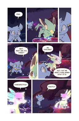 ambiguous_gender black_body black_fur blue_body blue_fur brown_eyes chest_tuft dialogue digitigrade duo ears_back feral fur glowing grass green_body green_fur head_tuft inner_ear_fluff jewelry looking_at_another necklace outside pivoted_ears plant quadruped speech_bubble standing surprised tail tail_tuft talking_to_another text tuft water wristband yellow_body yellow_eyes yellow_fur wooled nintendo pokemon pokemon_mystery_dungeon spike_chunsoft malachi_(wooled) sable_(wooled) electrike generation_3_pokemon generation_4_pokemon pokemon_(species) shinx comic english_text hi_res