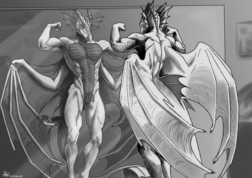 anthro black_white_body horn male membrane_(anatomy) membranous_wings mirror mirror_reflection muscular muscular_anthro muscular_male nude reflection simple_background smile solo tail white_body wings rinkamo mythology stinsilviing dragon mythological_creature mythological_scalie scalie 2022 absurd_res black_and_white digital_media_(artwork) hi_res monochrome paint_tool_sai_(artwork)