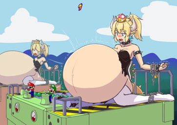 5_fingers armband belly big_belly blonde_hair blue_clothing blue_eyes blue_overalls blush bodily_fluids bound bracelet breasts chain chained clothed clothed_human clothed_male clothing collar crown ear_piercing eyebrows eyelashes female female_focus fingers fully_clothed fully_clothed_human fully_clothed_male green_clothing green_hat green_headwear green_shirt green_topwear group hair hat headgear headwear horn humanoid_pointy_ears inflation jewelry legwear male navel open_mouth outside overalls piercing pointy_ears ponytail red_clothing red_hat red_headwear red_shirt red_topwear shell shirt sitting spiked_armband spiked_bracelet spiked_collar spiked_shell spiked_tail spikes spikes_(anatomy) square_crossover standing super_crown sweat sweatdrop tail tears teeth thick_eyebrows thigh_highs topwear torn_clothing colucolu bowsette_meme mario_bros mario_party_(series) mario_party_2 nintendo bowser luigi mario animal_humanoid human humanoid koopa_humanoid mammal scalie scalie_humanoid 2018 absurd_res colored digital_drawing_(artwork) digital_media_(artwork) hi_res meme brother_(lore) brothers_(lore) sibling_(lore) twins_(lore)